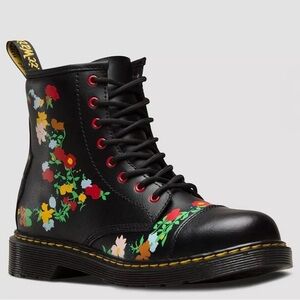 Dr. Martens Black Leather Floral Lace-Up Combat Boots- Brand New